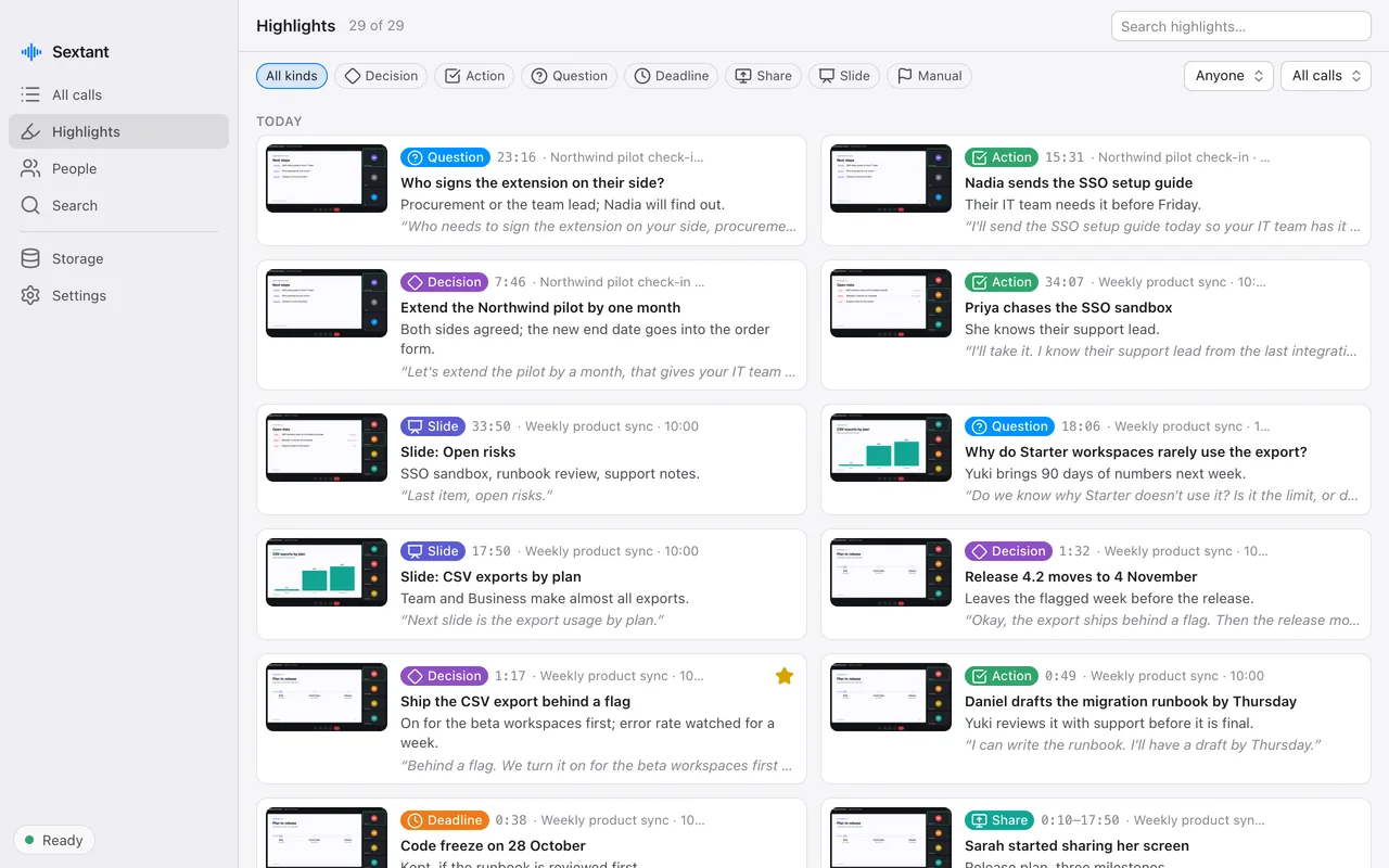 Highlights from several calls: decisions, action items, questions and slides, each with a picture of the screen, the time in the call and the quote.