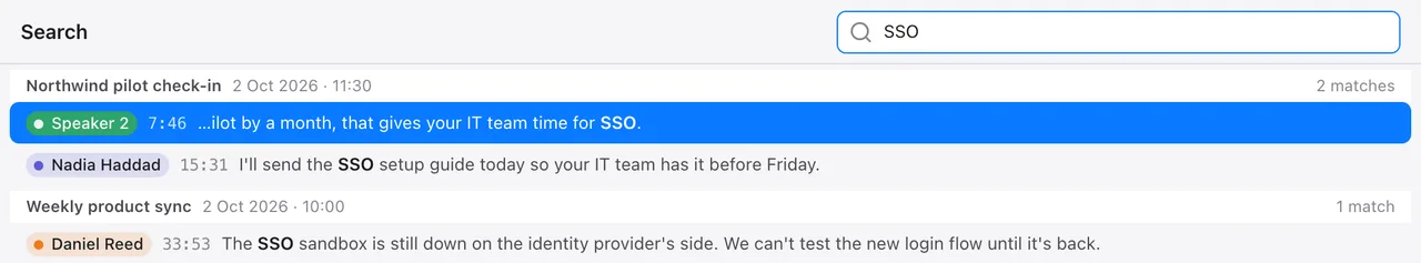 Search results for SSO across calls: each result shows the speaker, the time in the call and the sentence with the word in bold.