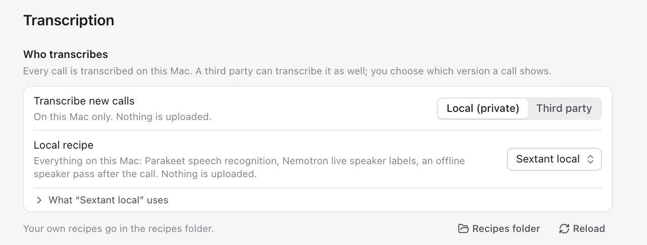 Transcription settings with Local (private) selected: “On this Mac only. Nothing is uploaded.”
