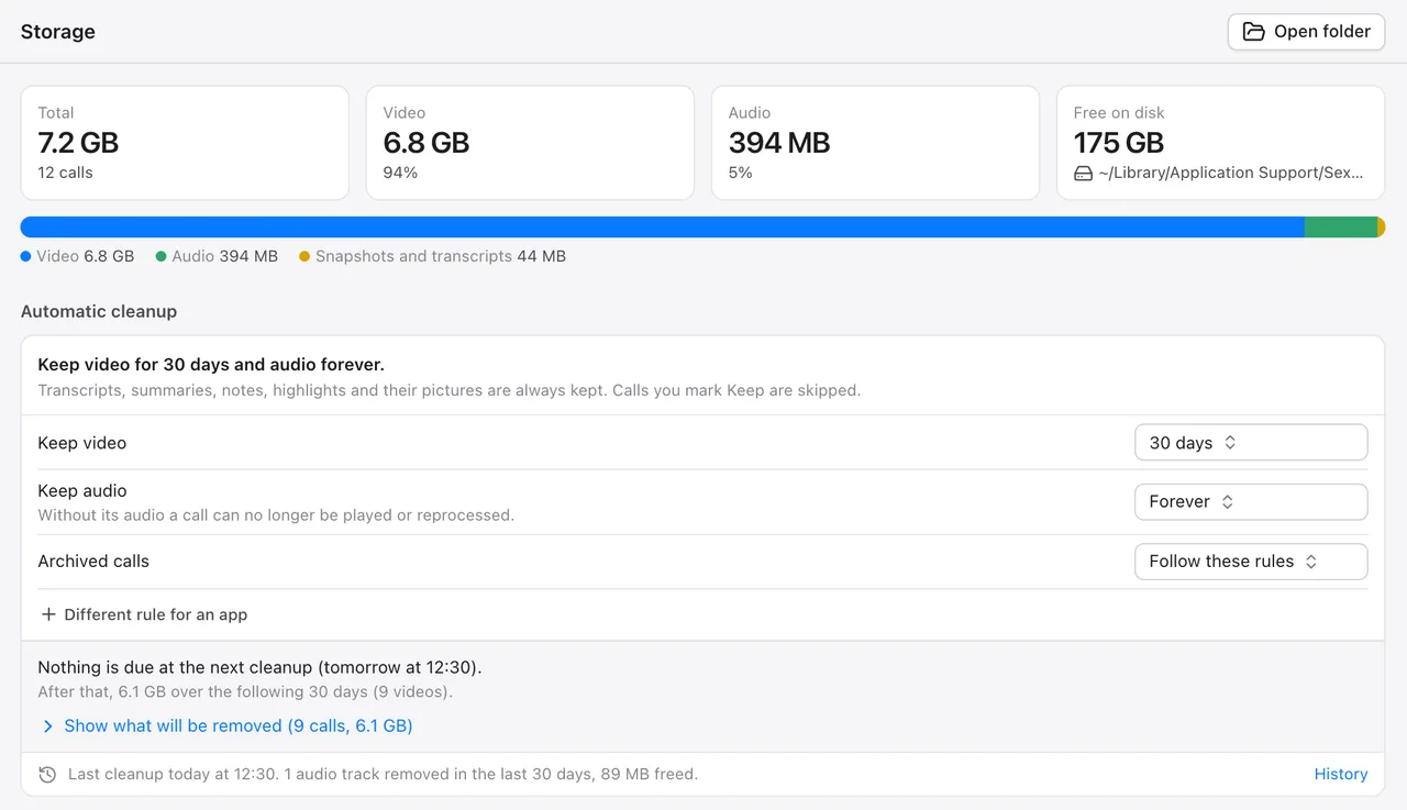 The Storage page: space used by video, audio and the rest, and an automatic cleanup rule that keeps video for 30 days and audio forever, with what the next cleanup will free.